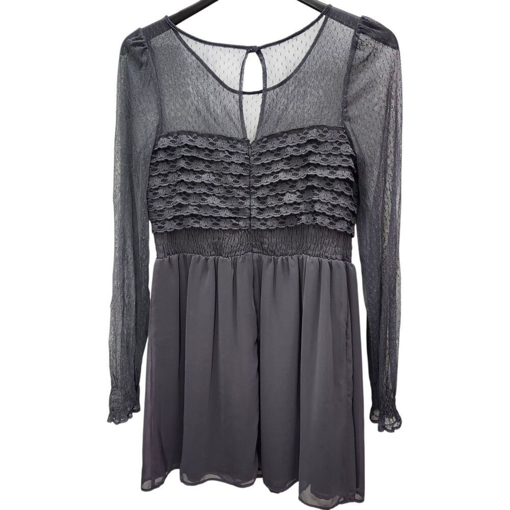 Free People Mini Dress Womens 8 Smocked Lace Chiffon Gray Lined Boho Chic